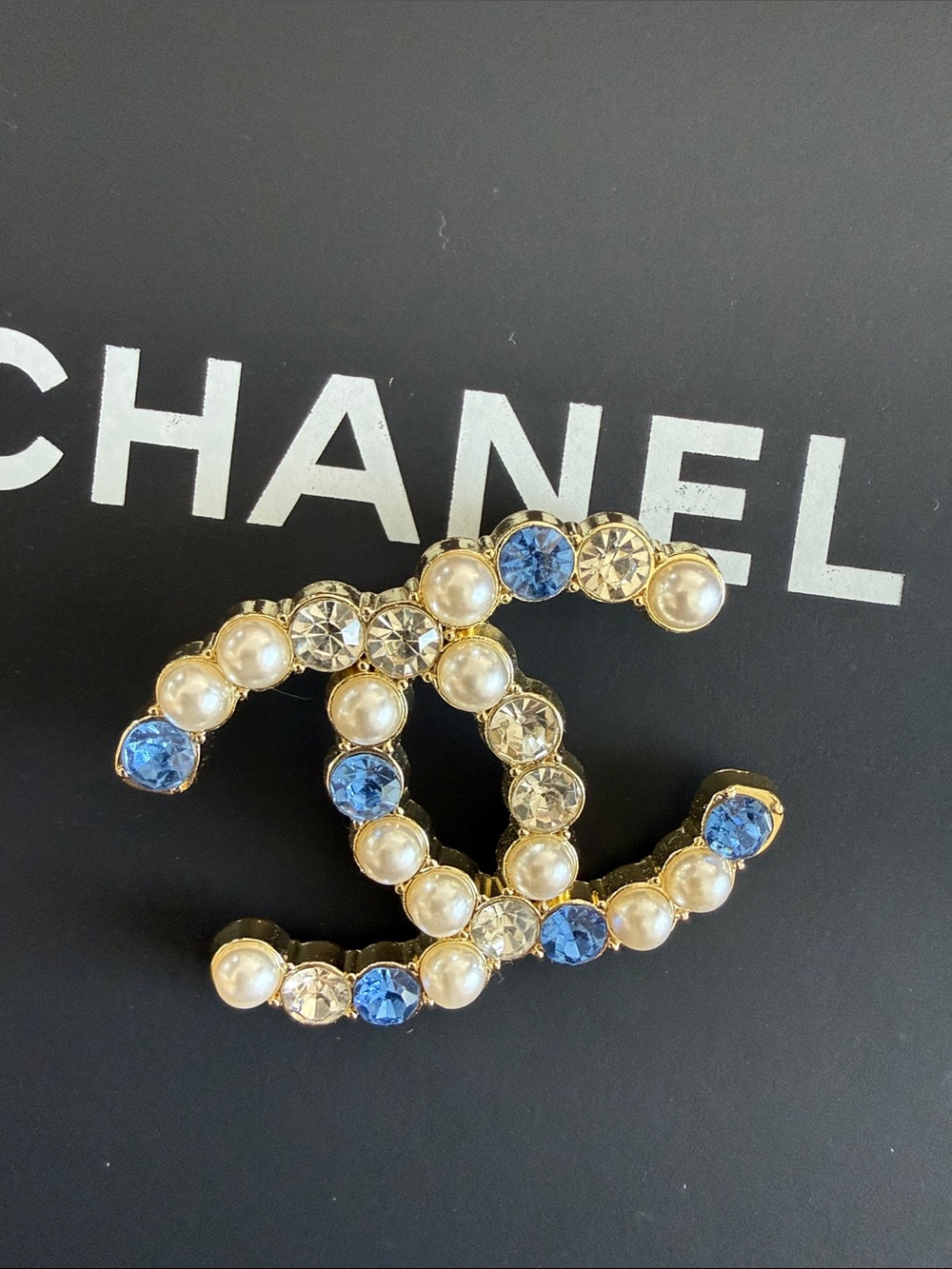 Upcycled CC Gold-Tone Double C Brooch with Blue, Pearl & Clear Stones